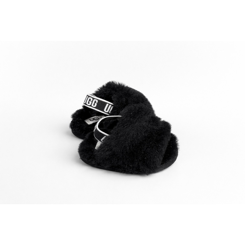 UGG Fluff Yeah Slides Baby Size 0/1 Black Fluffy Shoe Elastic Logo Strap‎